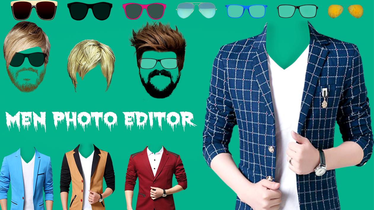  The image shows a man wearing a suit with various hairstyles, sunglasses, and suit options to choose from.