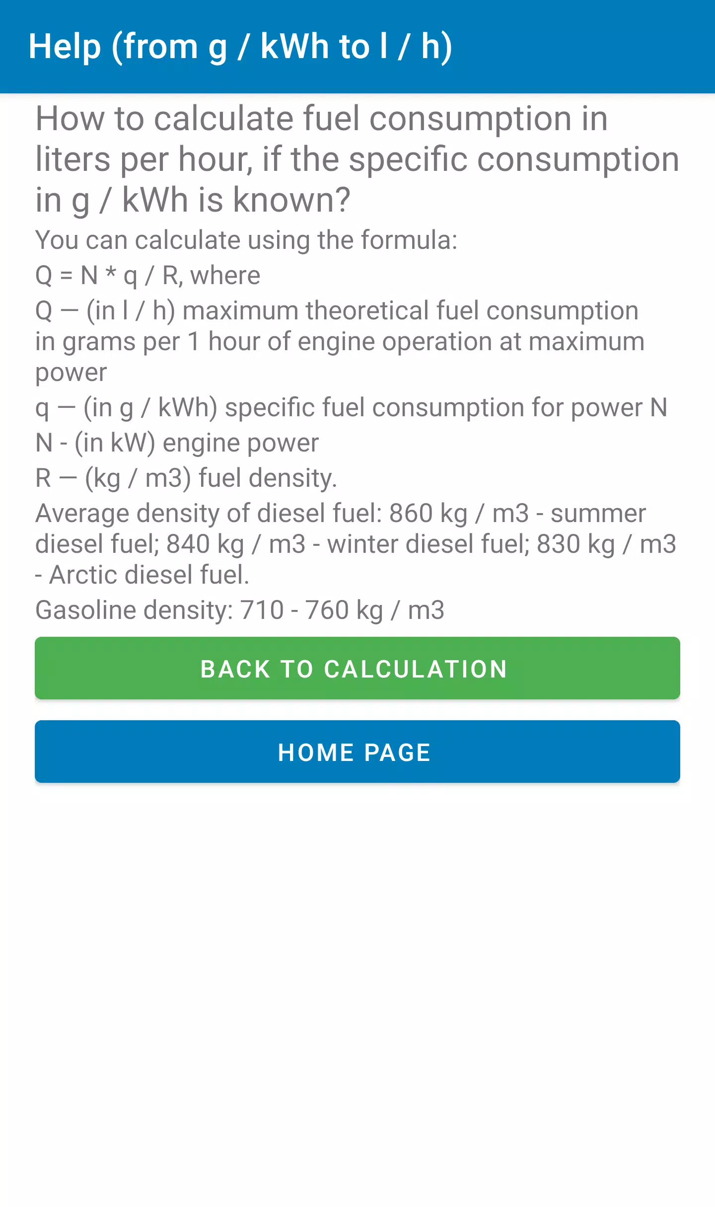 g / kWh to l / h - fuel consum APK for Android Download