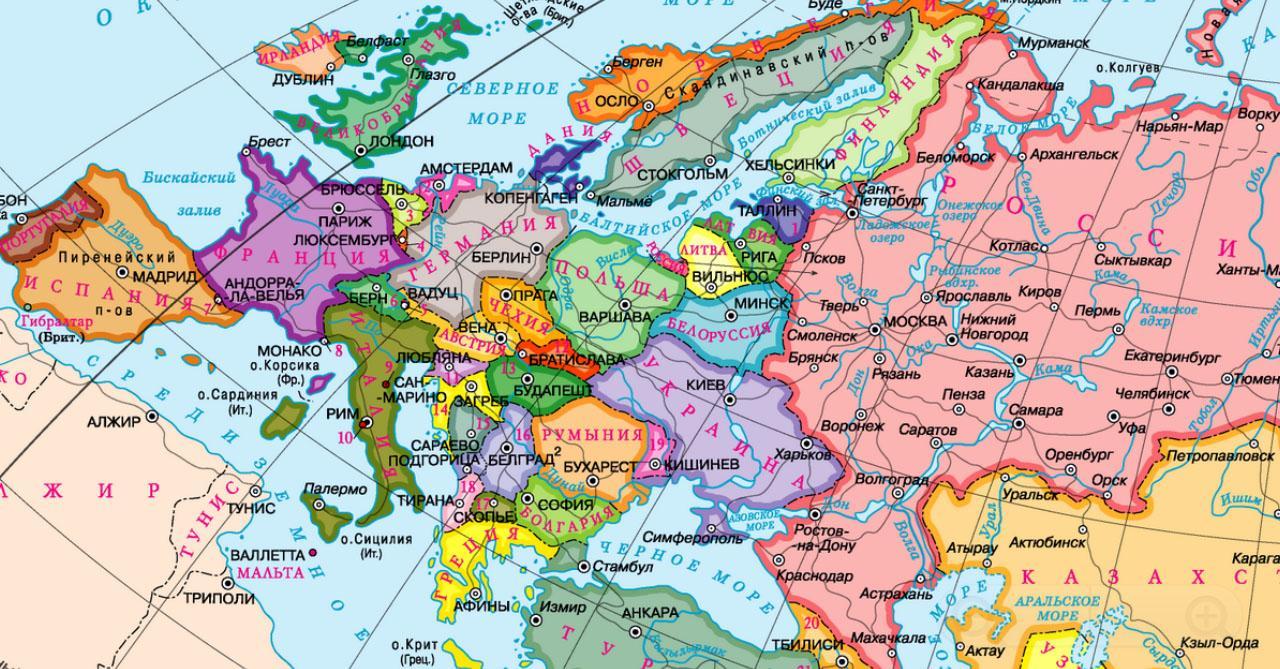 Южная граница россии со странами. Политическая карта России. Карта Запада. Политическая карта России и Европы крупным планом.
