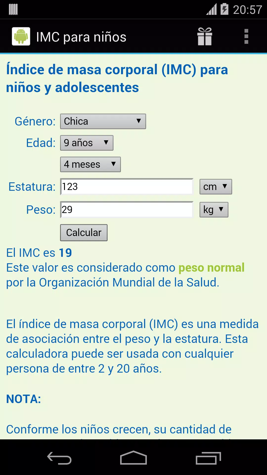 Descarga de APK de Calculadora de IMC para niños para Android