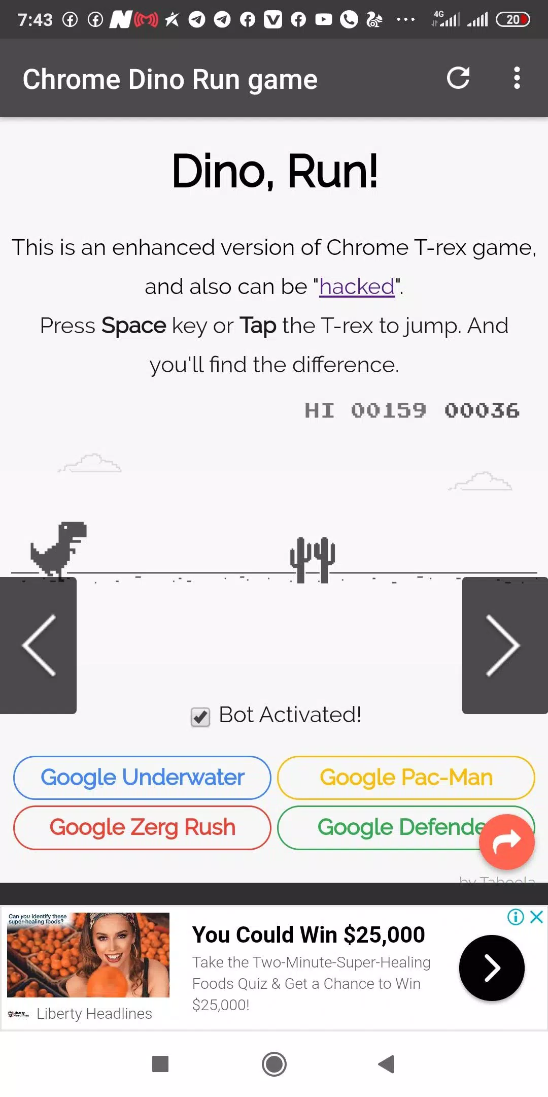 activate Bot in chrome's dino game in android 