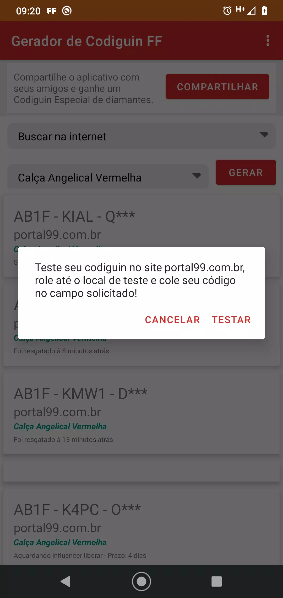 Gerador de CODIGUIN FF: Calça Angelical, Passe, Incubadora e novos