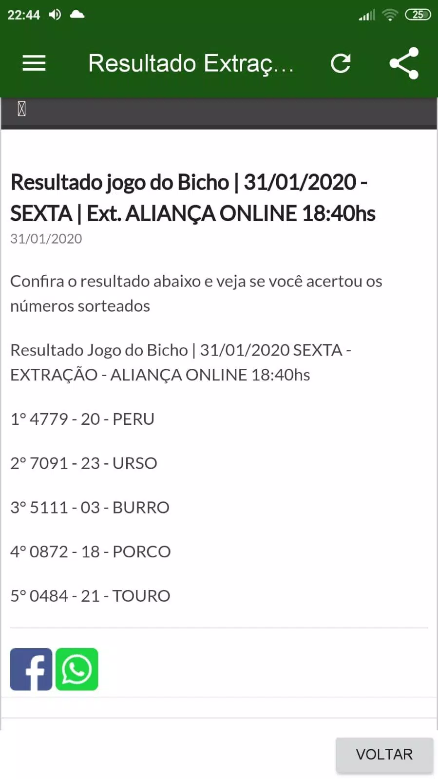 Resultado EXTRAÇÃO ONLINE - ALIANÇA de hoje