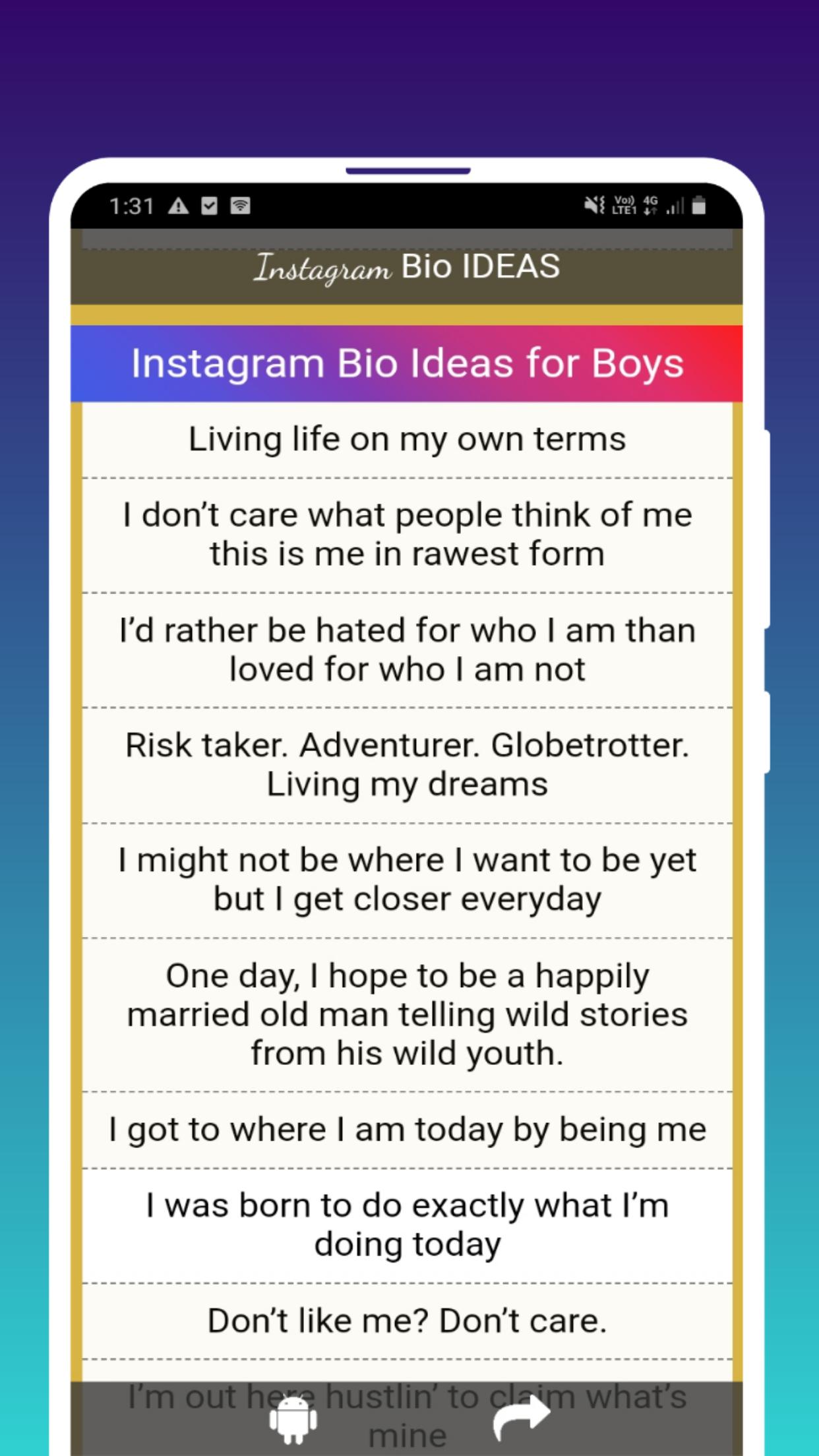 Tải xuống APK Instagram Bio IDEAS - 1000+ bio Cool, Cute, Funny. cho Android Tải xuống APK Instagram Bio IDEAS - 1000+ bio Cool, Cute, Funny. cho Android