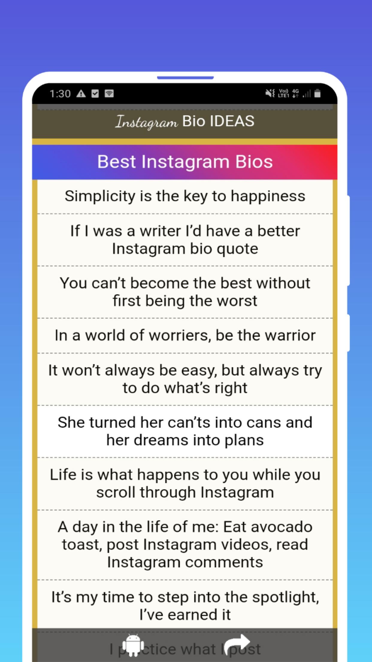 Tải xuống APK Instagram Bio IDEAS - 1000+ bio Cool, Cute, Funny. cho Android Tải xuống APK Instagram Bio IDEAS - 1000+ bio Cool, Cute, Funny. cho Android