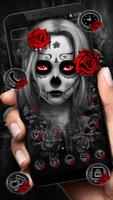 Black Red Rose Lady Skull Theme Affiche