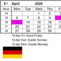 GERMANY HOLIDAY CALENDAR 2020 ドイツ休日 德国节日