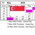 SINGAPORE HOLIDAY CALENDAR 2020 シンガポール休日 新加坡节日