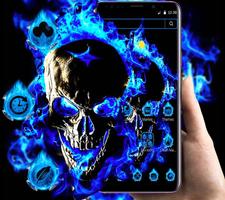 Blue Flaming Fire Skull Theme Affiche