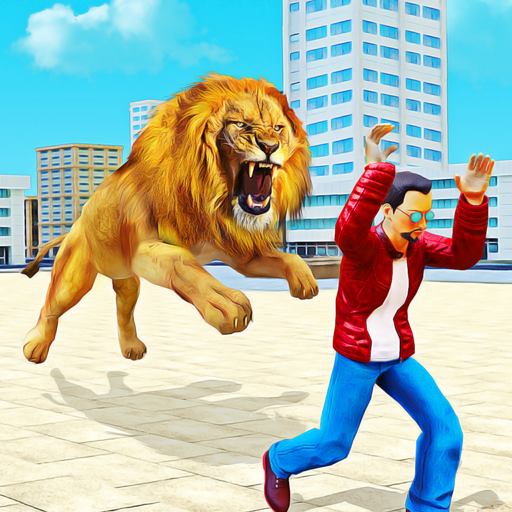 ライオンが野生動物のゲームを攻撃する