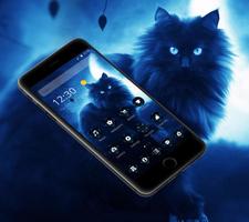 Dark Blue Neon Cat Theme Affiche
