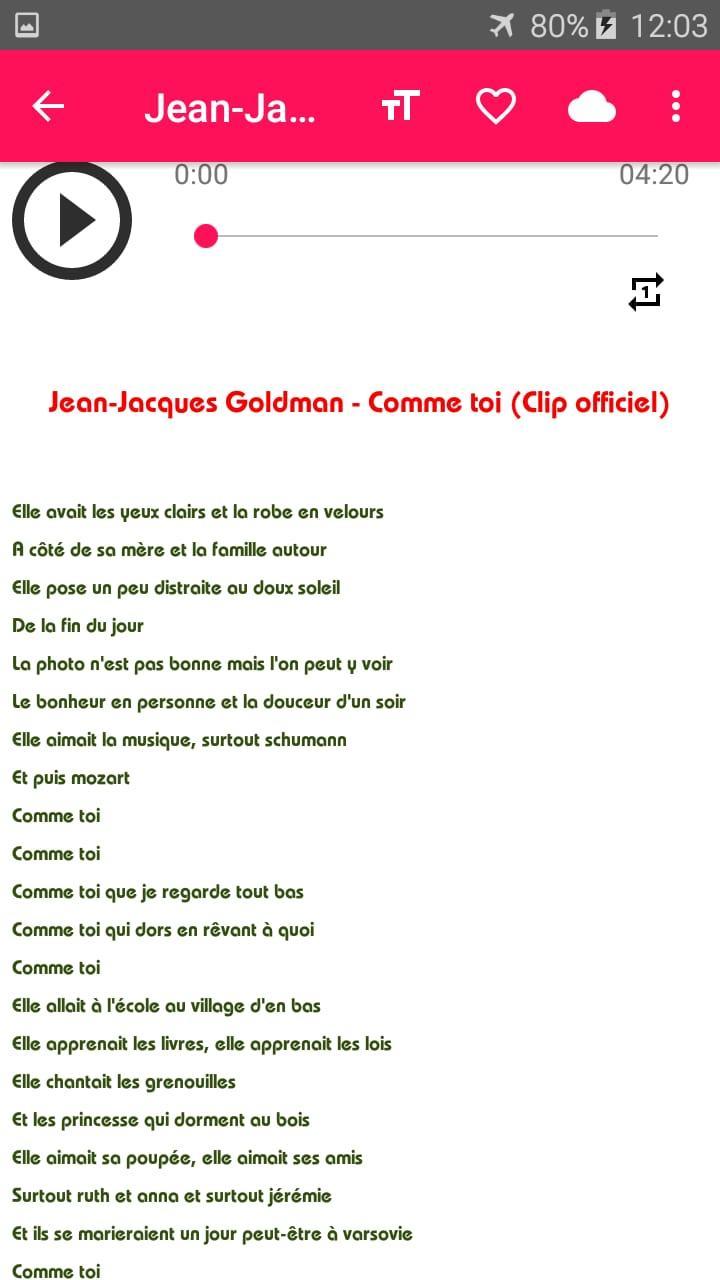 Jean jaques goldman music sans net (avec paroles) APK voor Android Download