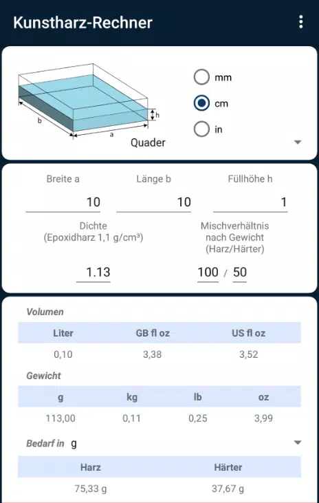 Epoxy Resin - Kunstharzrechner APK für Android herunterladen