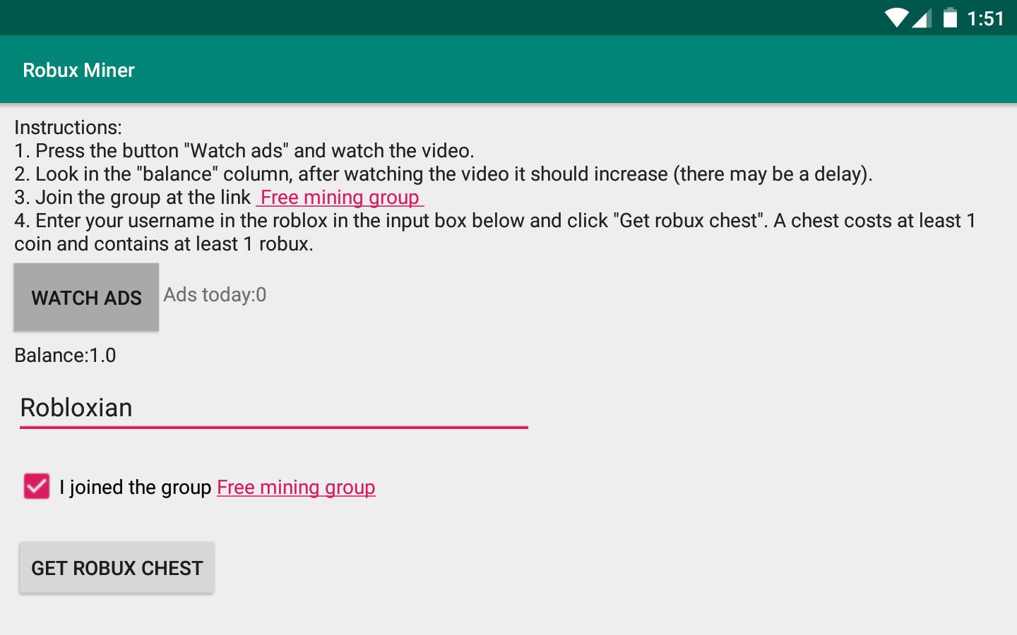 Robux Miner For Roblox For Android Apk Download - how to get 1 robux free