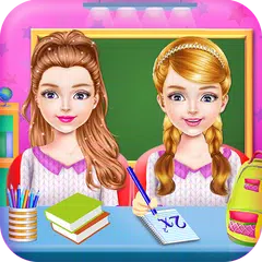 教室での双子の姉妹の女の子の学校初日 アプリダウンロード