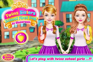教室での双子の姉妹の女の子の学校初日 ポスター