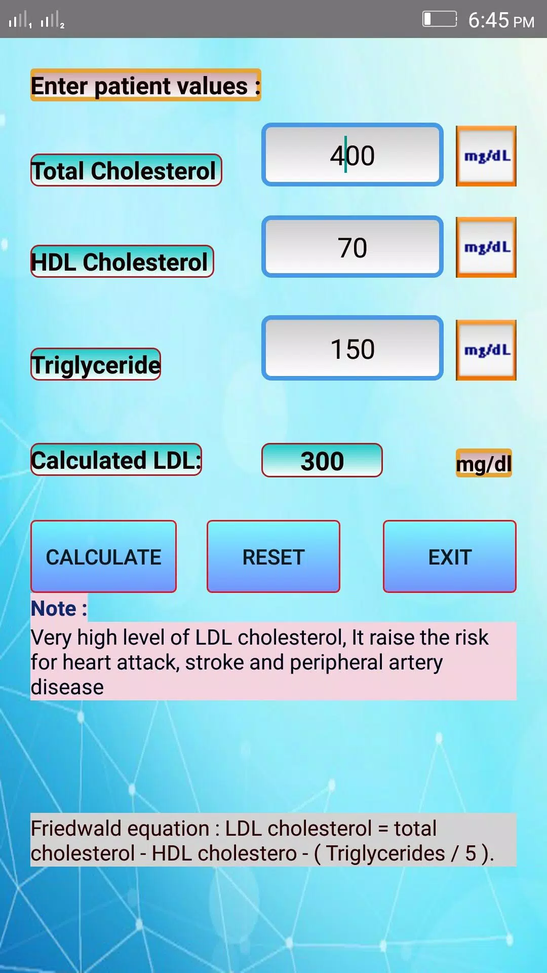 Sympton Por encima de la cabeza y el hombro Menstruación LDL Cholesterol Calculator APK for Android Download