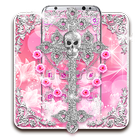 奢華閃亮銀色骷髏十字架主題 浪漫粉色玫瑰花壁紙 图标