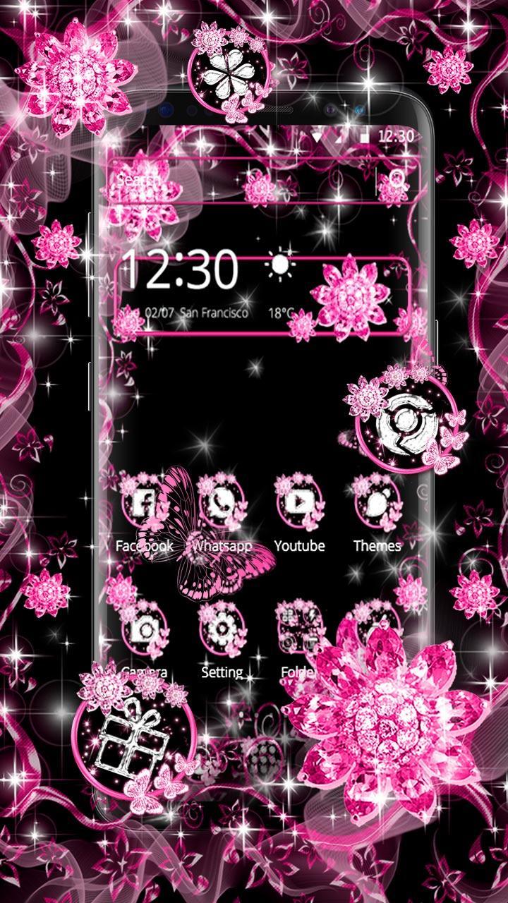 Android 用の 豪華な紫色の黒の花のテーマ シャイニーピンクダイヤモンドの壁紙 Apk をダウンロード