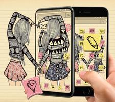 Cute Cartoon Girl Sketch Theme👭 capture d'écran 2