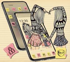 Cute Cartoon Girl Sketch Theme👭 captura de pantalla 3