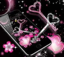 Pink Black Glitter Diamond Heart Key Theme Affiche