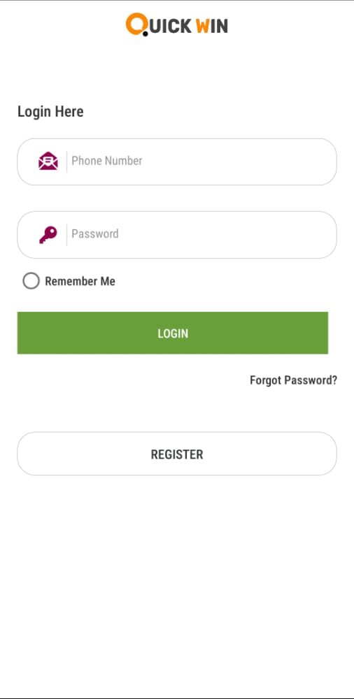Screenshot des Quickwin Casino-Login-Bildschirms auf einem Smartphone