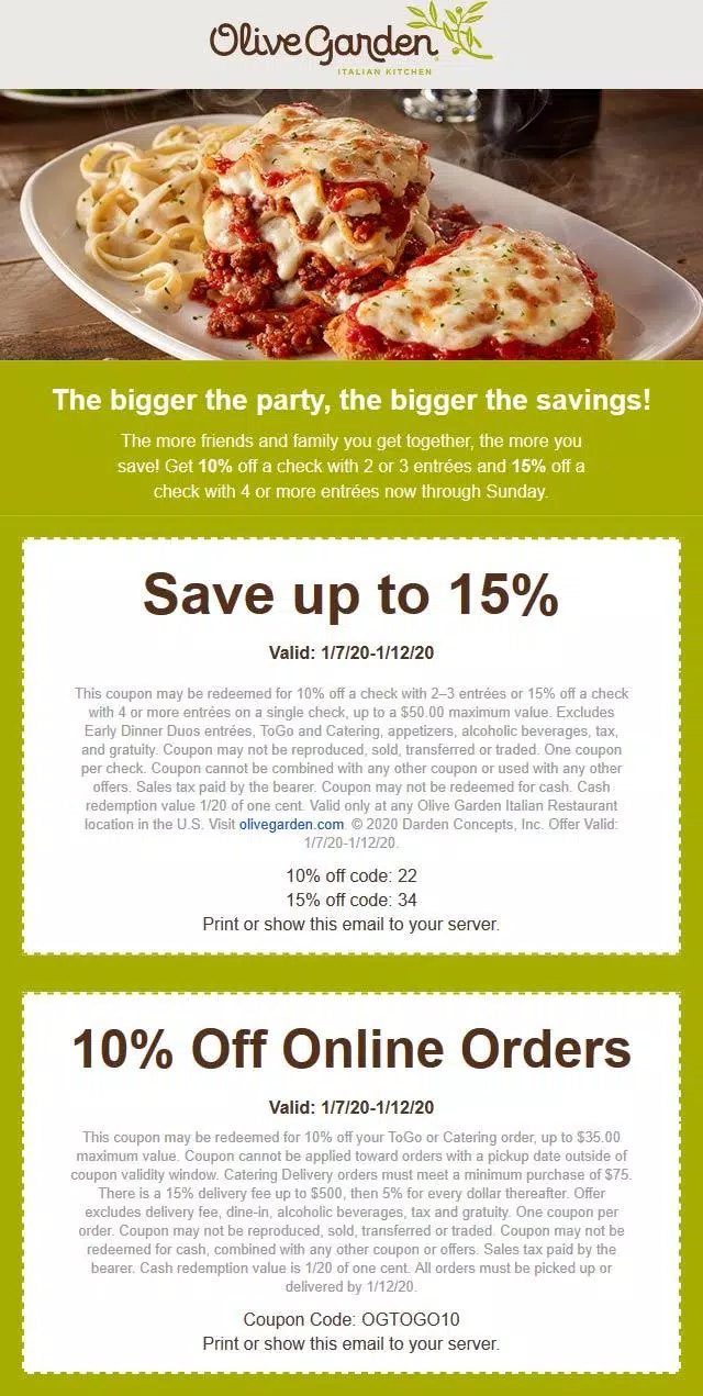 Olive garden 15 off coupon