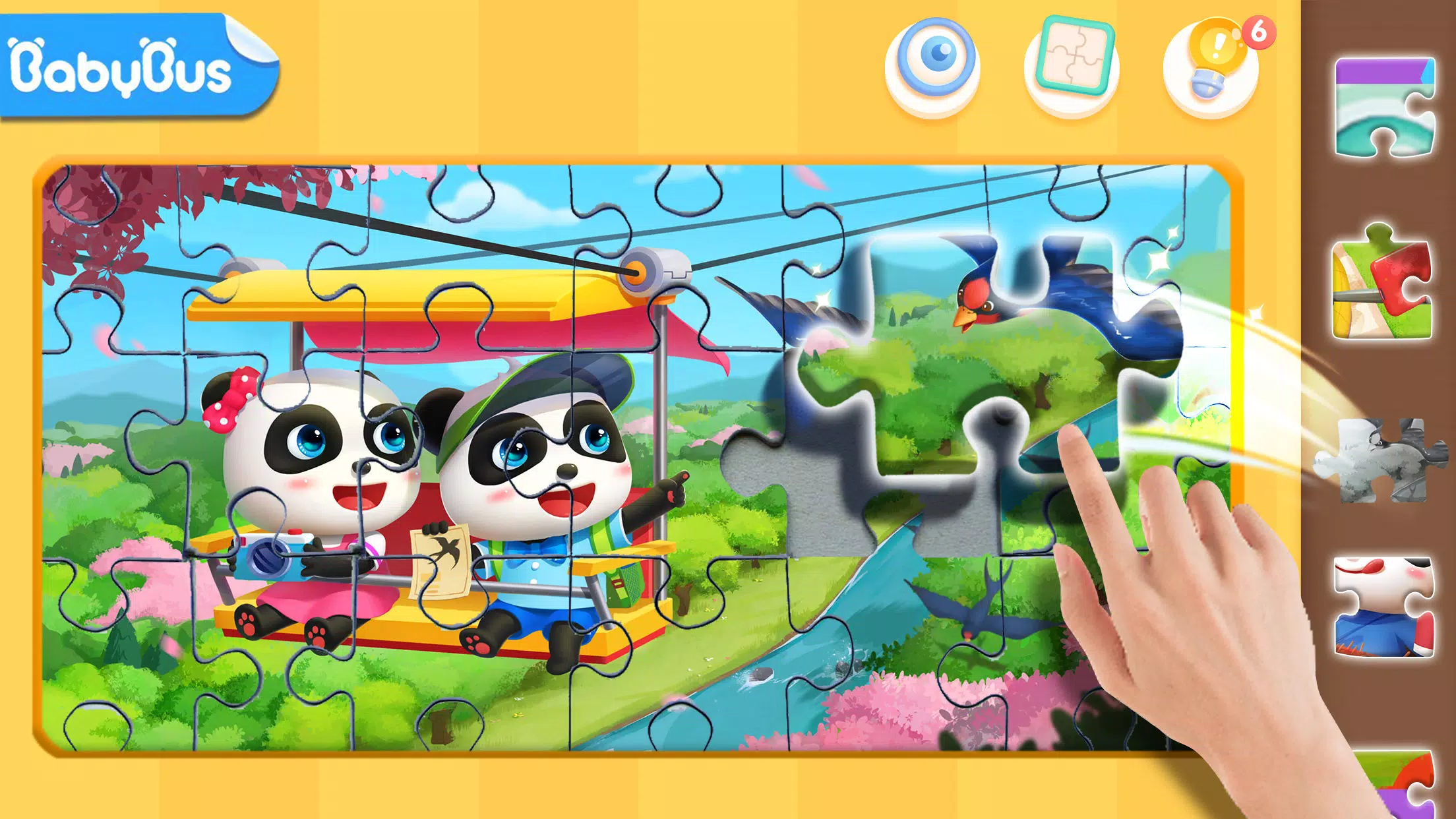 Jogo de quebra-cabeças de adoráveis pandas com celular