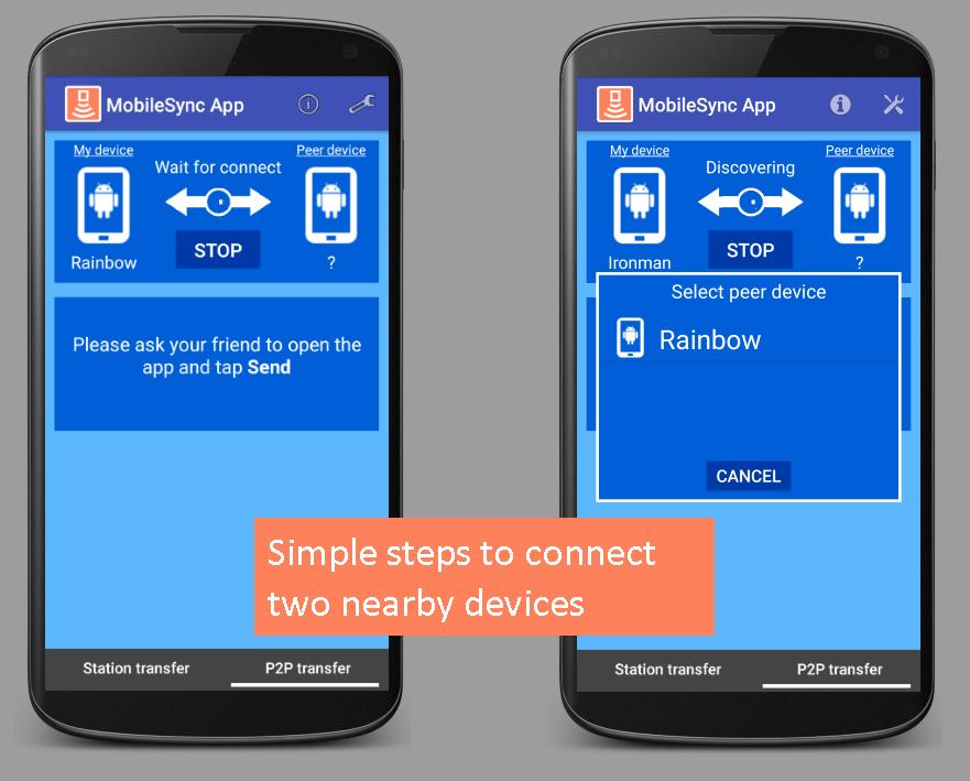 MOBILESYNC. P2p transfer. MOBILESYNC 2.1.10. Nearby devices. Tap device