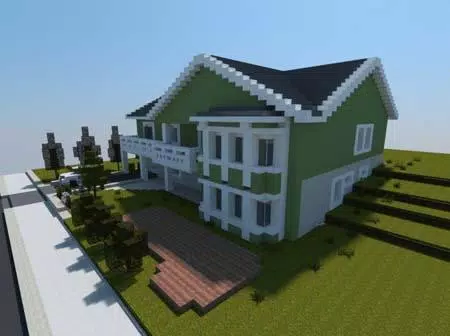 Uma casa moderna em minecraft, com o céu ao fundo.