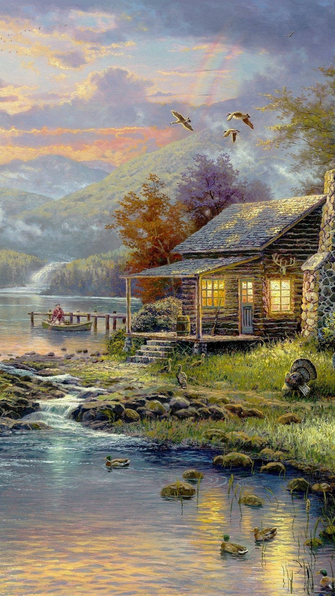 картина дом у реки