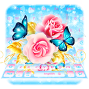 Shiny Pink Rose Blue Butterfly Keyboard Theme-APK