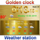 Full screen golden clock with weather ikona