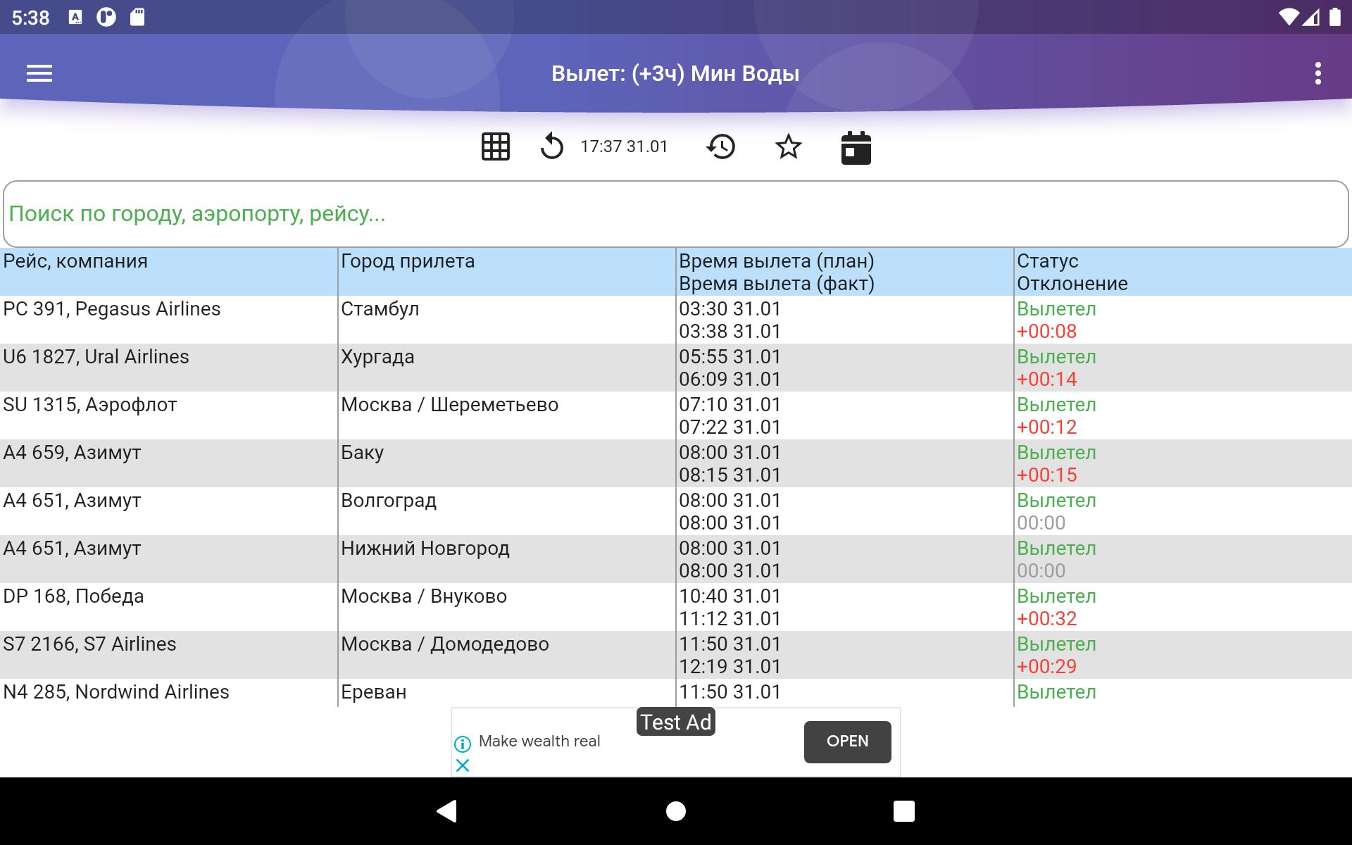 Расписание вылетов из минеральных вод